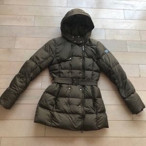 ADD Down olive green belted hooded parka jacket coat